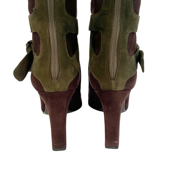 Vintage Prada Brown Green Suede Tie Strap Two-Tone Knee High Block Heel Boots 38 - Picture 8 of 12